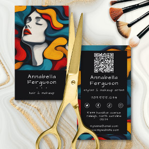 Modern Pop Art Retro Färgglad Hår Makeup QR-kod Visitkort