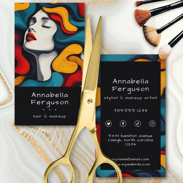 Modern Pop Art Retro Färgglad Hår Makeup Visitkort (Modern Pop Art Retro Colorful Hair Makeup QR Code Business Card)