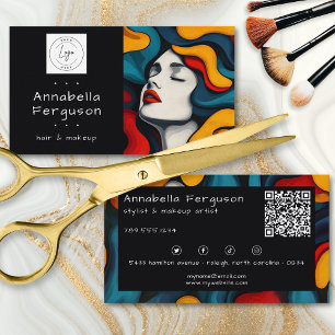 Modern Pop Art Retro Färgglatt Hår Makeup Logo QR Visitkort
