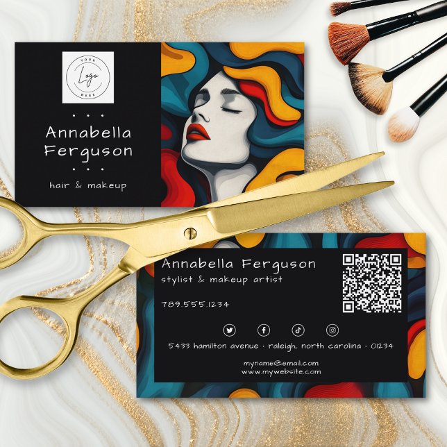 Modern Pop Art Retro Färgglatt Hår Makeup Logo QR Visitkort (Modern Pop Art Retro Colorful Hair Makeup Logo QR Business Card)