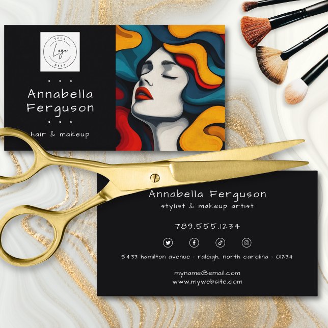 Modern Pop Art Retro Färgglatt Hår Makeup Logotyp Visitkort (Modern Pop Art Retro Colorful Hair Makeup Logo Business Card)