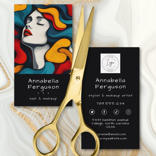 Modern Pop Art Retro Färgglatt Hår Makeup Logotyp Visitkort (Modern Pop Art Retro Colorful Hair Makeup Logo Business Card)