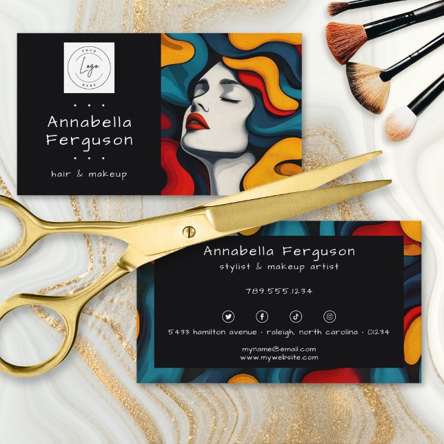 Modern Pop Art Retro Färgglatt Hår Makeup Logotyp Visitkort (Modern Pop Art Retro Colorful Hair Makeup Logo Business Card)