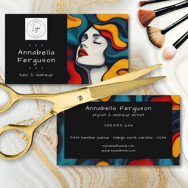 Modern Pop Art Retro Färgglatt Hår Makeup Logotyp Visitkort (Modern Pop Art Retro Colorful Hair Makeup Logo Business Card)