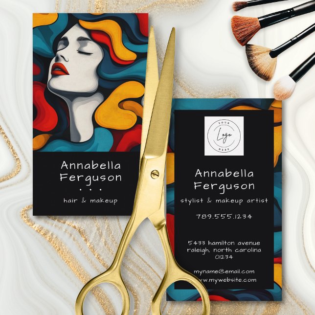 Modern Pop Art Retro Färgglatt Hår Smink Logotyp Visitkort (Modern Pop Art Retro Colorful Hair Makeup Logo Business Card)