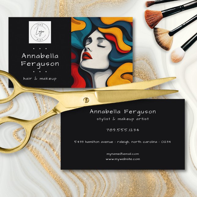 Modern Pop Art Retro Färgglatt Hår Smink Logotyp Visitkort (Modern Pop Art Retro Colorful Hair Makeup Logo Business Card)