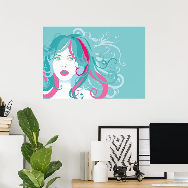Modern pop Art Woman Teal och Rosa Swirl Hair Poster (Skapare uppladdad)
