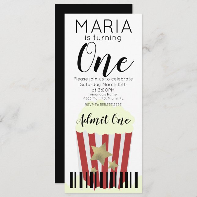 Modern Popcorn Movies Biljett Stil Party inbjuden Inbjudningar (Fram/baksida)