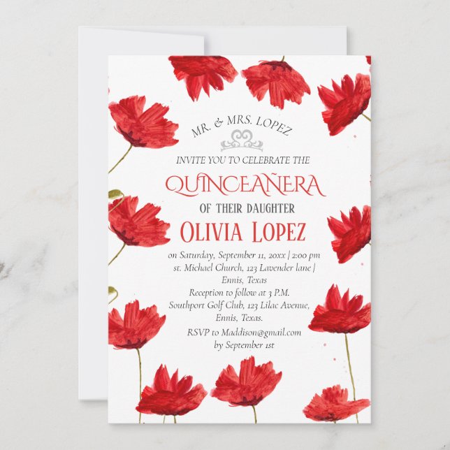 Modern Poppies Quinceañera Red Blommigt Birthday Inbjudningar (Framsida)