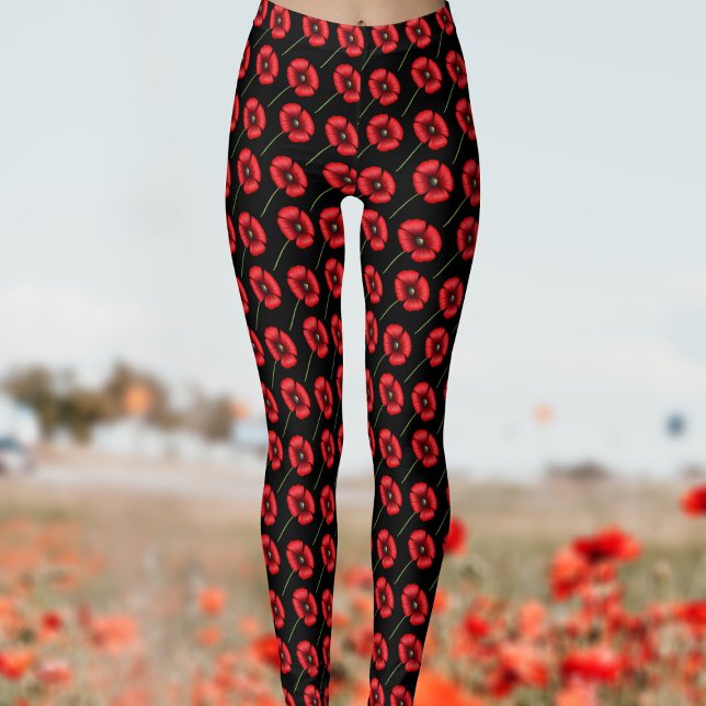 Modern poppy Flower Mönster Red Black Leggings (Poppy pattern leggings to pop on when you feel like a pop of color in your life)