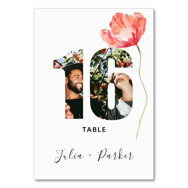 Modern Poppy Red Bröllop Bordsnummer 16 (Framsidan)