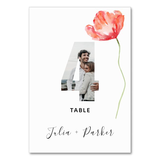 Modern Poppy Red Bröllop Bordsnummer 4 (Framsidan)