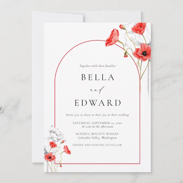 Modern Poppy Red Flowers Arch Photo Bröllop Inbjudningar (Baksida)
