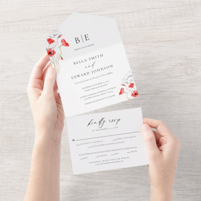 Modern Poppy Red Flowers Monogram Bröllop (Tearaway)