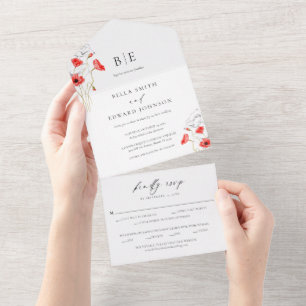 Modern Poppy Red Flowers Monogram Bröllop