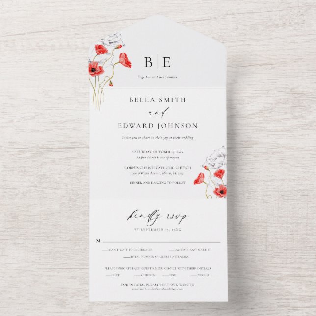 Modern Poppy Red Wildblommor Monogram Bröllop (Insida)