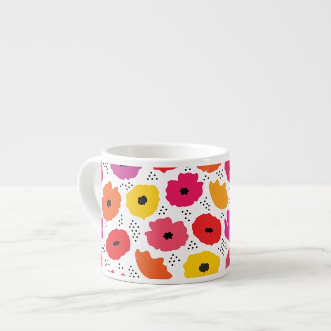 Modern Poppy Rosa Red Orange Blommigt Dots Mönster Espressomugg (Framsida vänster)