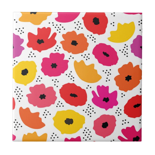 Modern Poppy Rosa Red Orange Blommigt Dots Mönster Kakelplatta (Framsidan)