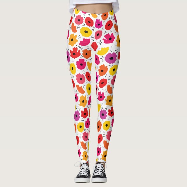 Modern Poppy Rosa Red Orange Blommigt Dots Mönster Leggings (Framsida)