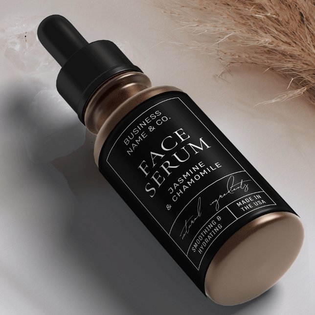 Modern pothecary Black 2 OZ Cosmetic Flaska-etiket Fraktsedel (Minimalist black dropper bottle wrapper label with fully customizable text and colors)
