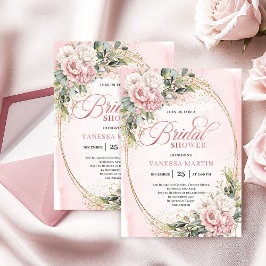 Modern Powder Pink Flowers Gold Bridal Shower Inbjudningar