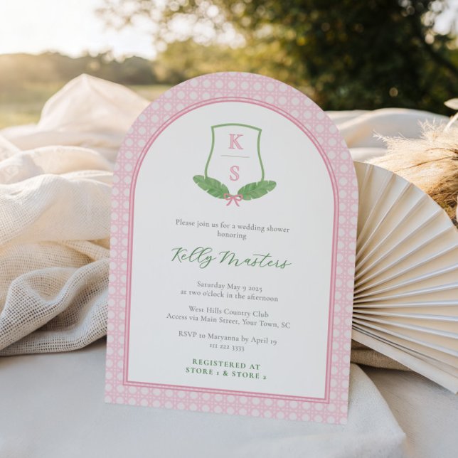 Modern Preppy Arch Grönt Monogram-Möhippa Inbjudningar (Preppy pink and green arch monogram bridal shower invitation)