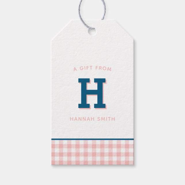 Modern Preppy Monogram och Gingham Gift-Märkre Presentetikett (Framsidan)