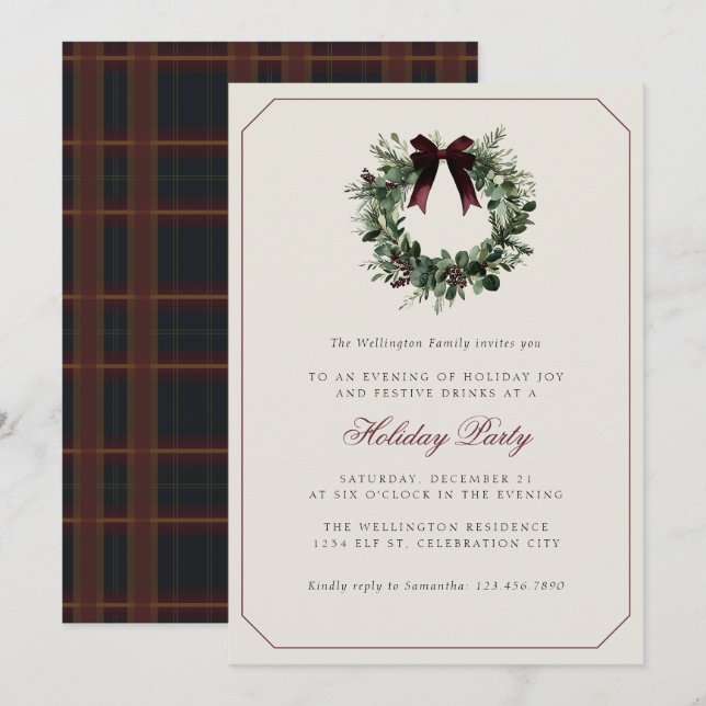 Modern Preppy Plaid Wreath Christmas Party Inbjudningar (Fram/baksida)