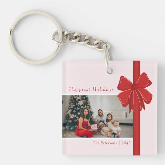 Modern Preppy Red Ribbon Bow Wrap Photo Christmas (Framsidan)