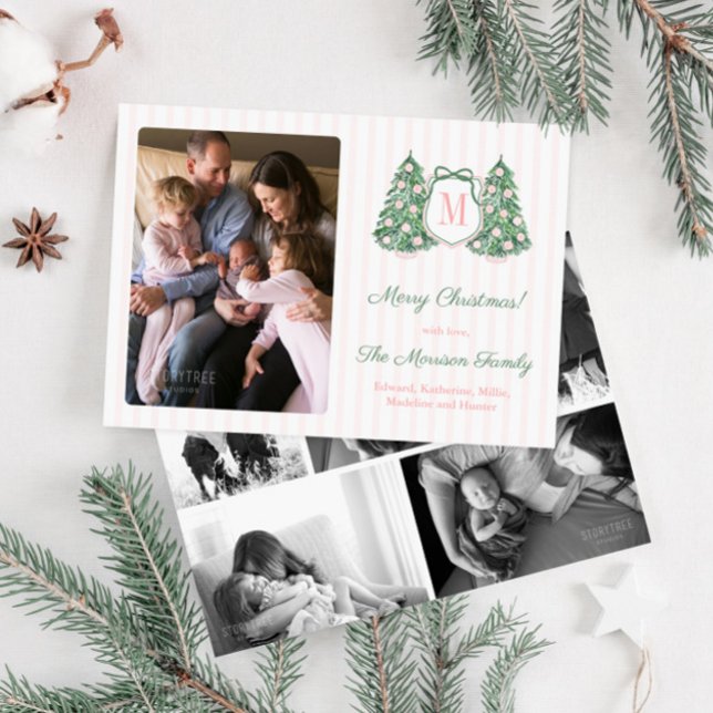 Modern Preppy Rosa Grön Monogram Slinga Foto  Julkort (Preppy pink and green photo collage holidays card with modern stripes and bow detail)
