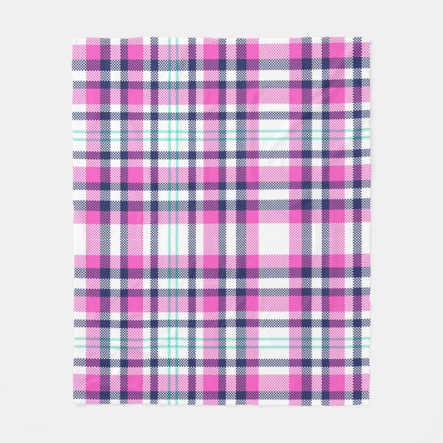 Modern Preppy Rosa Navy White Girly Tartan Mönster Fleecefilt (Framsidan)