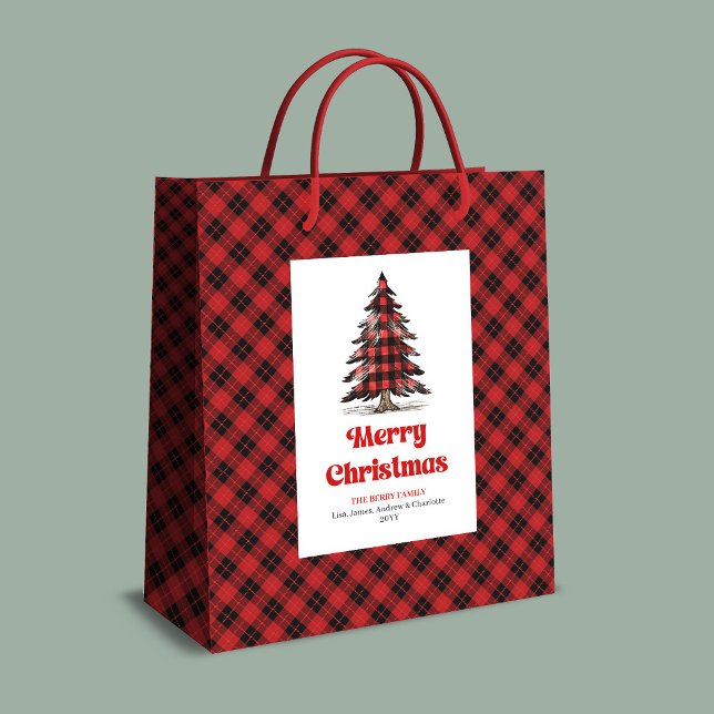 Modern presentpåse för buffel med eget namn julgra (Buffalo Christmas tree gift bag,
Red black plaid tartan Christmas,
Personalized watercolor Christmas)
