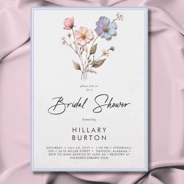 Modern pressad blå Möhippa av Wildblommor Inbjudningar (Modern Pressed Wildflowers Blue Bridal Shower Invitation)