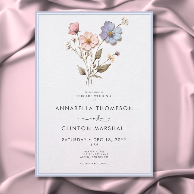Modern Pressed Pastel Wildblomma Blue Bröllop Inbjudningar (Modern Pressed Pastel Wildflowers Blue Wedding Invitation)