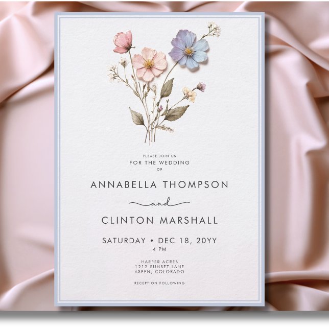 Modern Pressed Pastel Wildblomma Blue Bröllop Inbjudningar (Modern Pressed Pastel Wildflowers Wedding Invitation)
