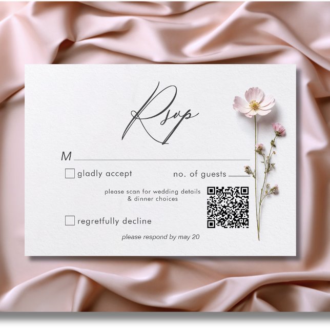 Modern Pressed Pastel Wildblommor Bröllop QR-kod OSA Kort (Modern Pressed Pastel Wildflowers Wedding QR Code RSVP Card)