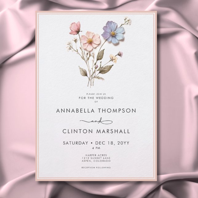 Modern Pressed Pastel Wildblommor Rosa Bröllop Inbjudningar (Modern Pressed Pastel Wildflowers Sage Wedding Invitation)