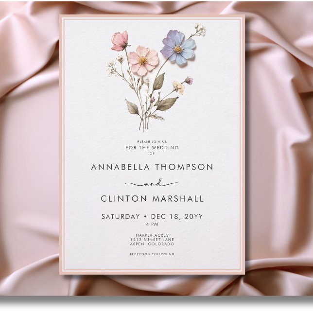 Modern Pressed Pastel Wildblommor Rosa Bröllop Inbjudningar (Modern Pressed Pastel Wildflowers Wedding Invitation)