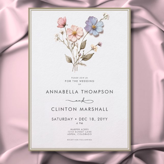 Modern Pressed Pastel Wildblommor Sage Bröllop Inbjudningar (Modern Pressed Pastel Wildflowers Sage Wedding Invitation)