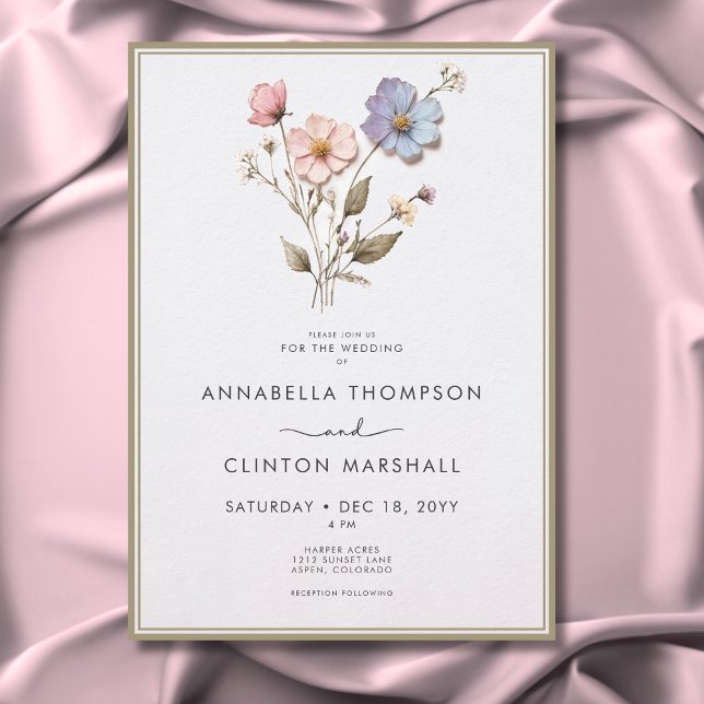 Modern Pressed Pastel Wildblommor Sage Bröllop Inbjudningar (Modern Pressed Pastel Wildflowers Sage Wedding Invitation)
