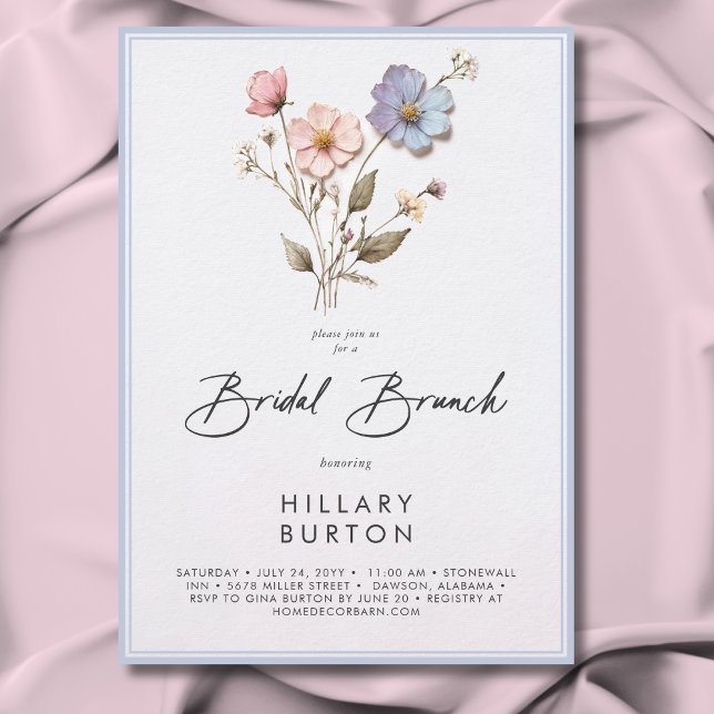 Modern Pressed Wildblommes Blue Möhippa Brunch Inbjudningar (Skapare uppladdad)