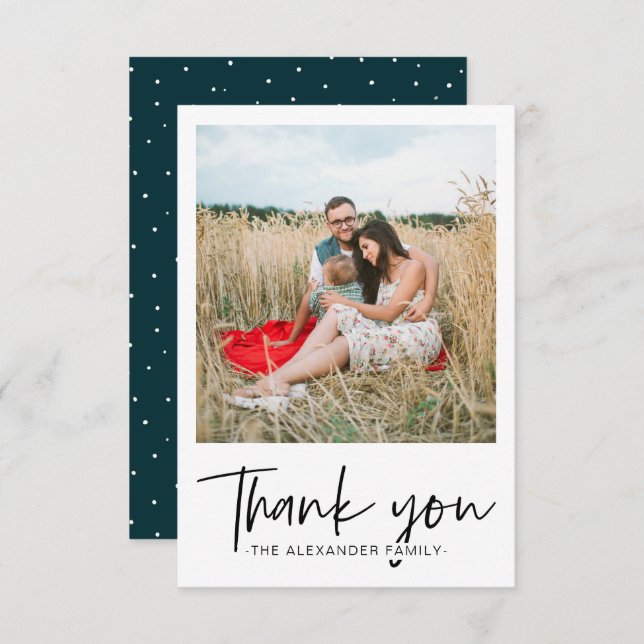 Modern prickig turkos och vit tack skript foto (Fram/baksida)