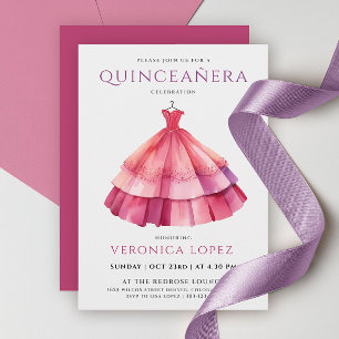 Modern Princess Lila Rosa Quinceañera Watercolor Inbjudningar