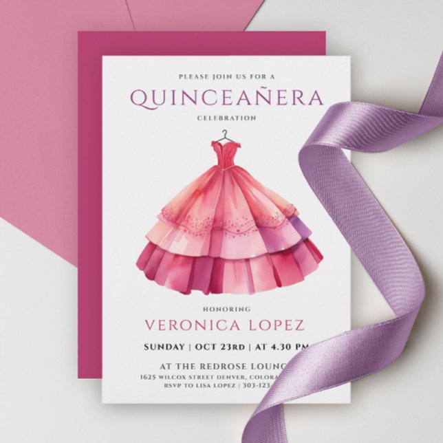 Modern Princess Lila Rosa Quinceañera Watercolor Inbjudningar (Skapare uppladdad)