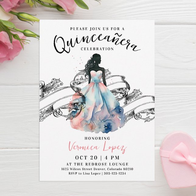 Modern Princess Rosa 15th Quinceañera Watercolor Inbjudningar (Skapare uppladdad)
