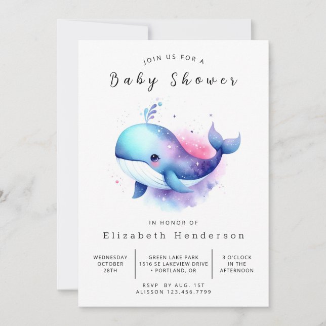 Modern printable Whale Baby Shower Inbjudningar (Framsida)
