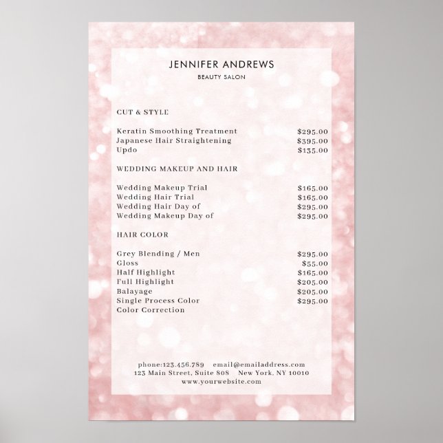 Modern prislistaaffisch för salong med rosglitter poster (Framsidan)