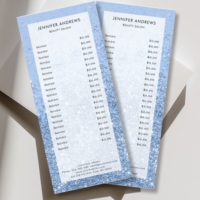 Modern Prist rasterkort för blått Glitter-salon Reklamkort (Personalized Modern Blue Silver Glitter Salon Price List Rack Card)