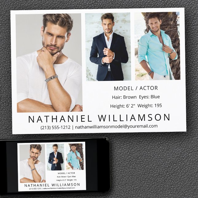 Modern Pro Modell Actor 3 Photos Comp Card Inbjudningar (Customize to change background color, text size, style or to add more photos to back of card.)