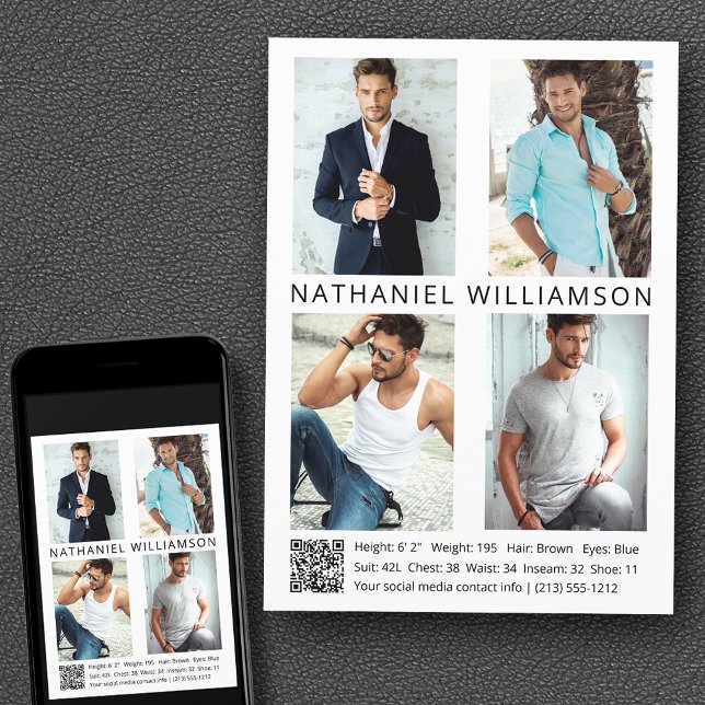 Modern Pro Modell Actor 4 Foton QR-kodkompositions Inbjudningar (Customize to change background color, text size, style or to add more photos to back of card.)